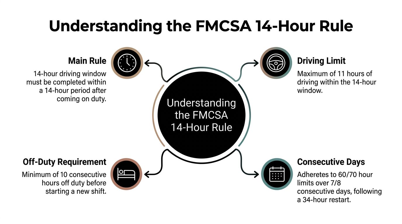 An infographic titled Understanding the FMCSA 14-Hour Rule, detailing key regulations for professional truck drivers.
