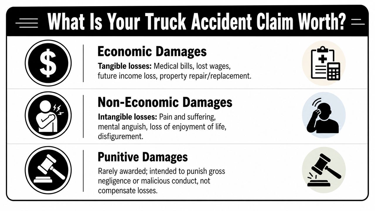 A graphic explaining truck accident claim types: economic, non-economic, and punitive damages, with illustrative icons for each.