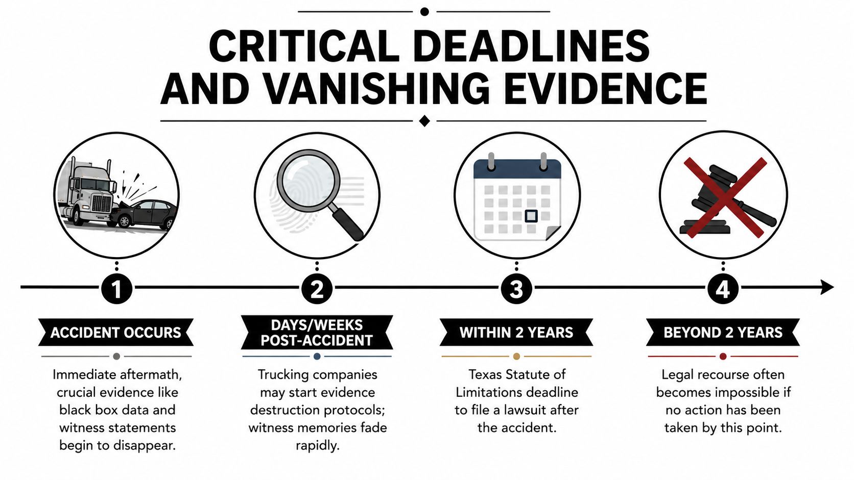 A timeline graphic illustrating the critical legal deadlines and the importance of preserving evidence after truck accidents.