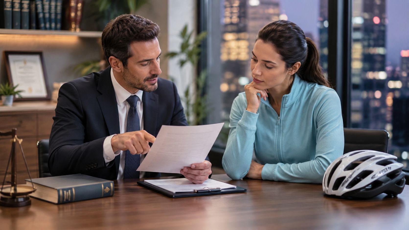 A professional lawyer consults with a woman about a bicycle accident case in an office setting.