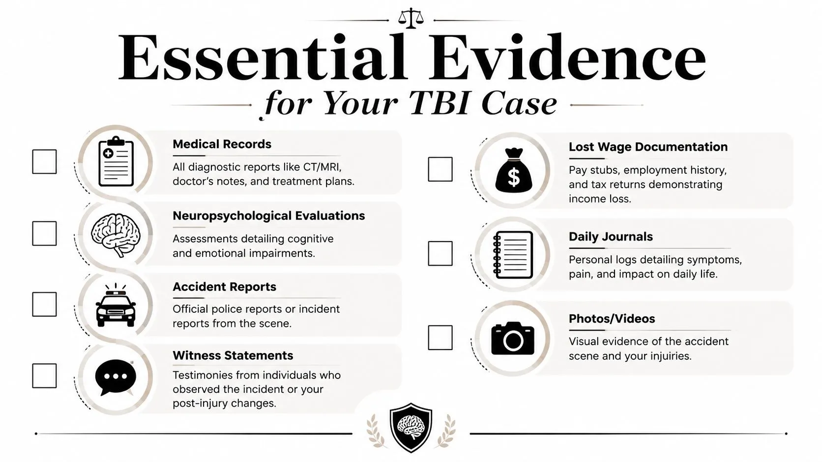 An infographic list outlining essential documents and evidence required for a traumatic brain injury legal case.