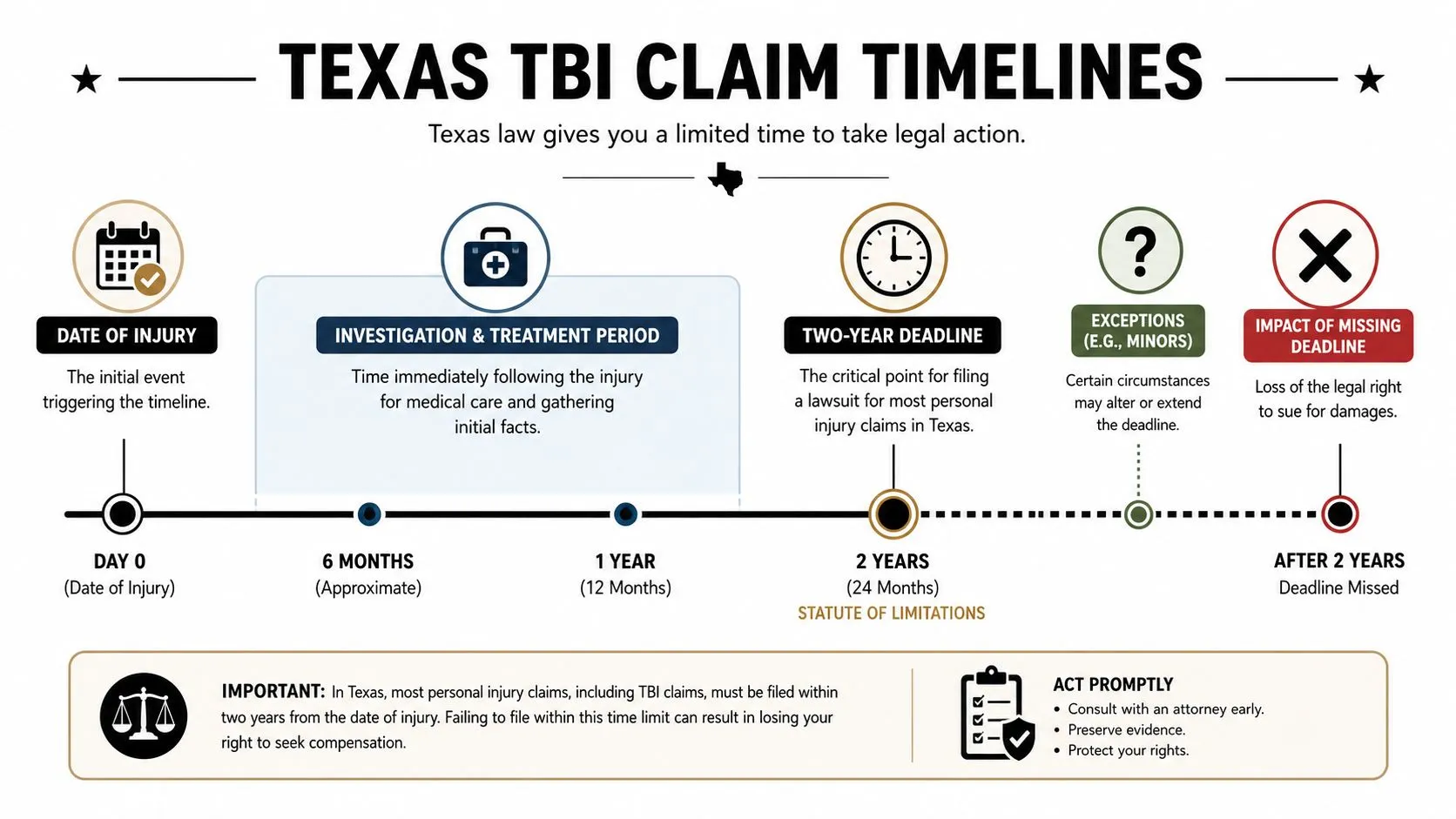 A timeline graphic illustrating the two-year statute of limitations for filing Texas brain injury legal claims.