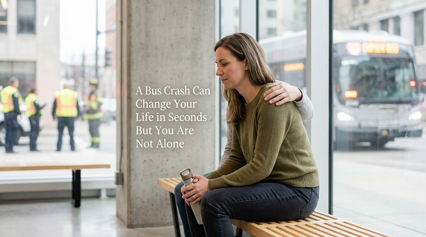A distressed woman sits on a bench while being comforted by another person after a bus accident.