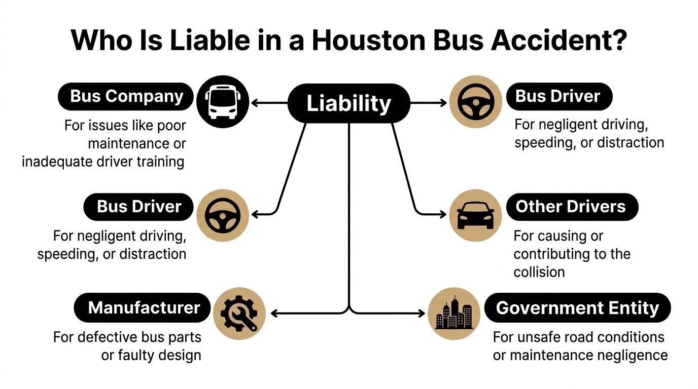 A diagram outlining the potential parties that may be held liable in a Houston bus accident case.