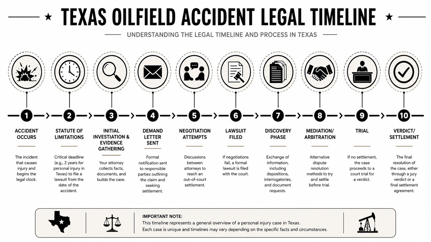 A ten-step infographic illustrating the legal timeline process for a Texas oilfield accident personal injury case.