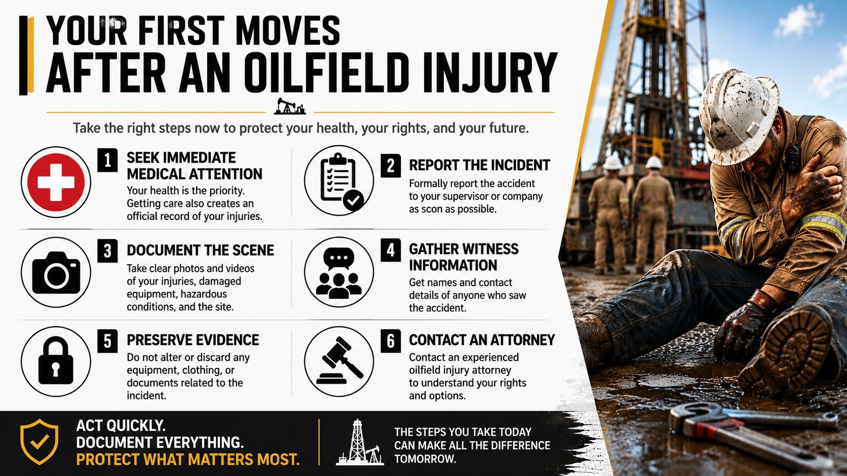 An infographic detailing six crucial steps for workers to take following an oilfield injury accident.
