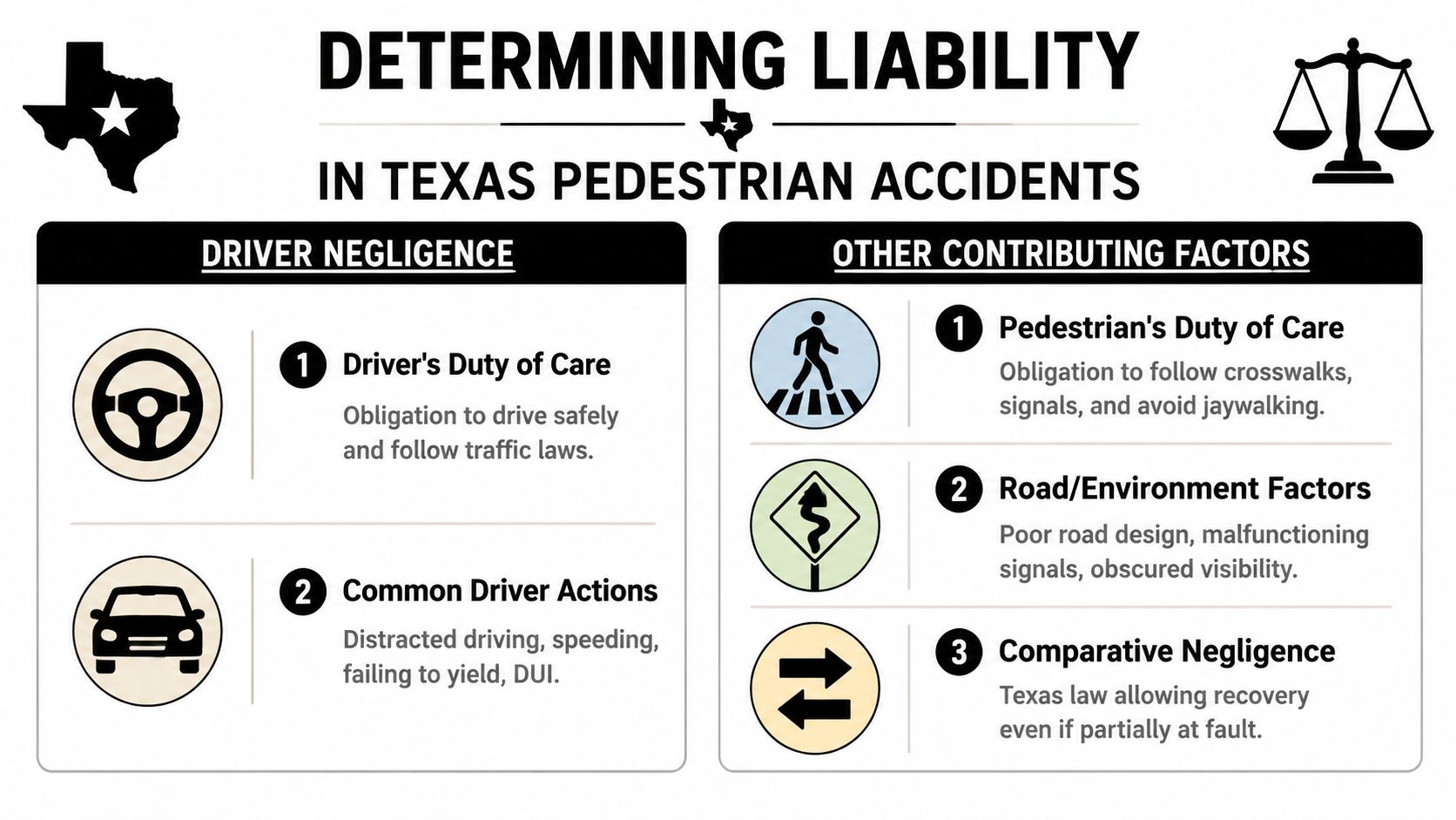 An infographic detailing the factors determining liability in Texas pedestrian accidents, including driver negligence and contributing conditions.