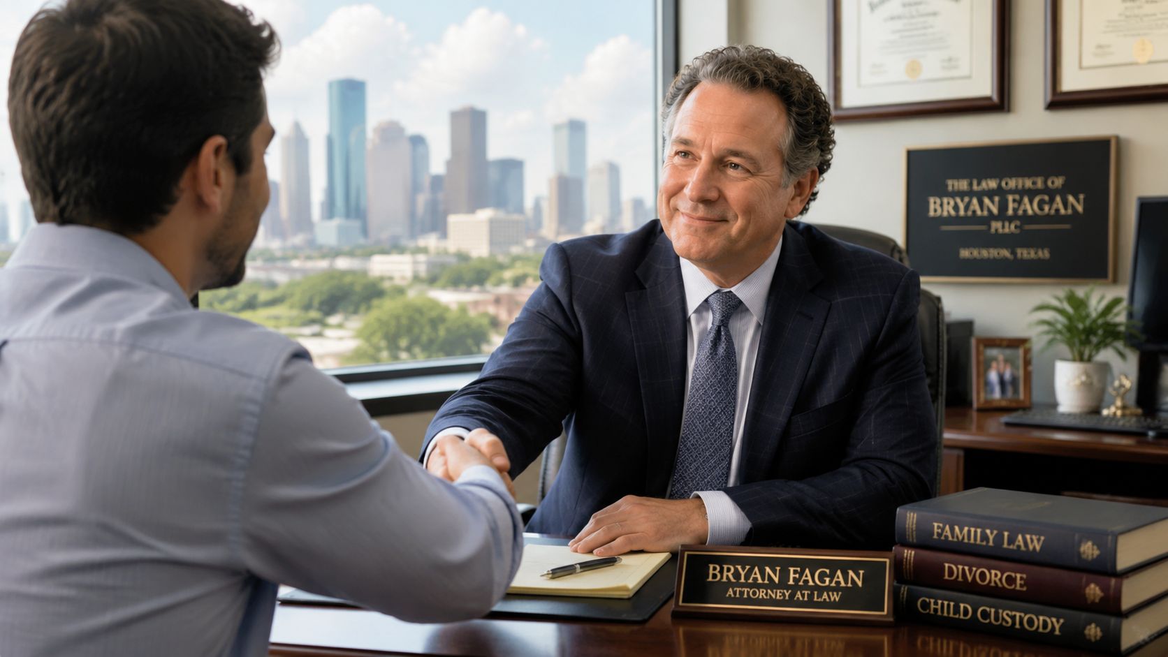 A professional Houston lawyer shaking hands with a client across a desk in a law office.
