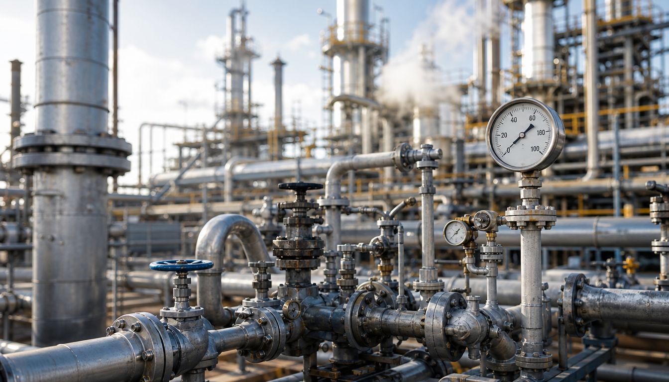 Close-up of industrial pressure gauges and steel piping at a large chemical refinery plant during daytime.