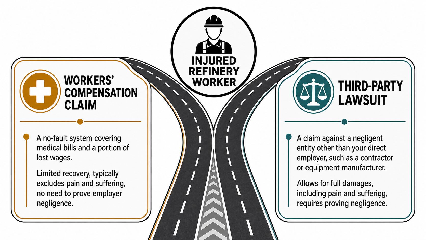 An infographic showing two paths for an injured refinery worker: workers' compensation claims versus third-party lawsuits.