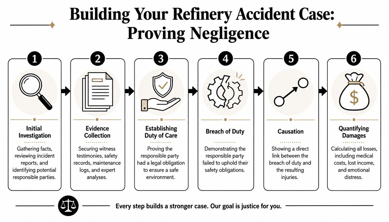 A six-step infographic detailing the legal process for proving negligence in a refinery accident case.