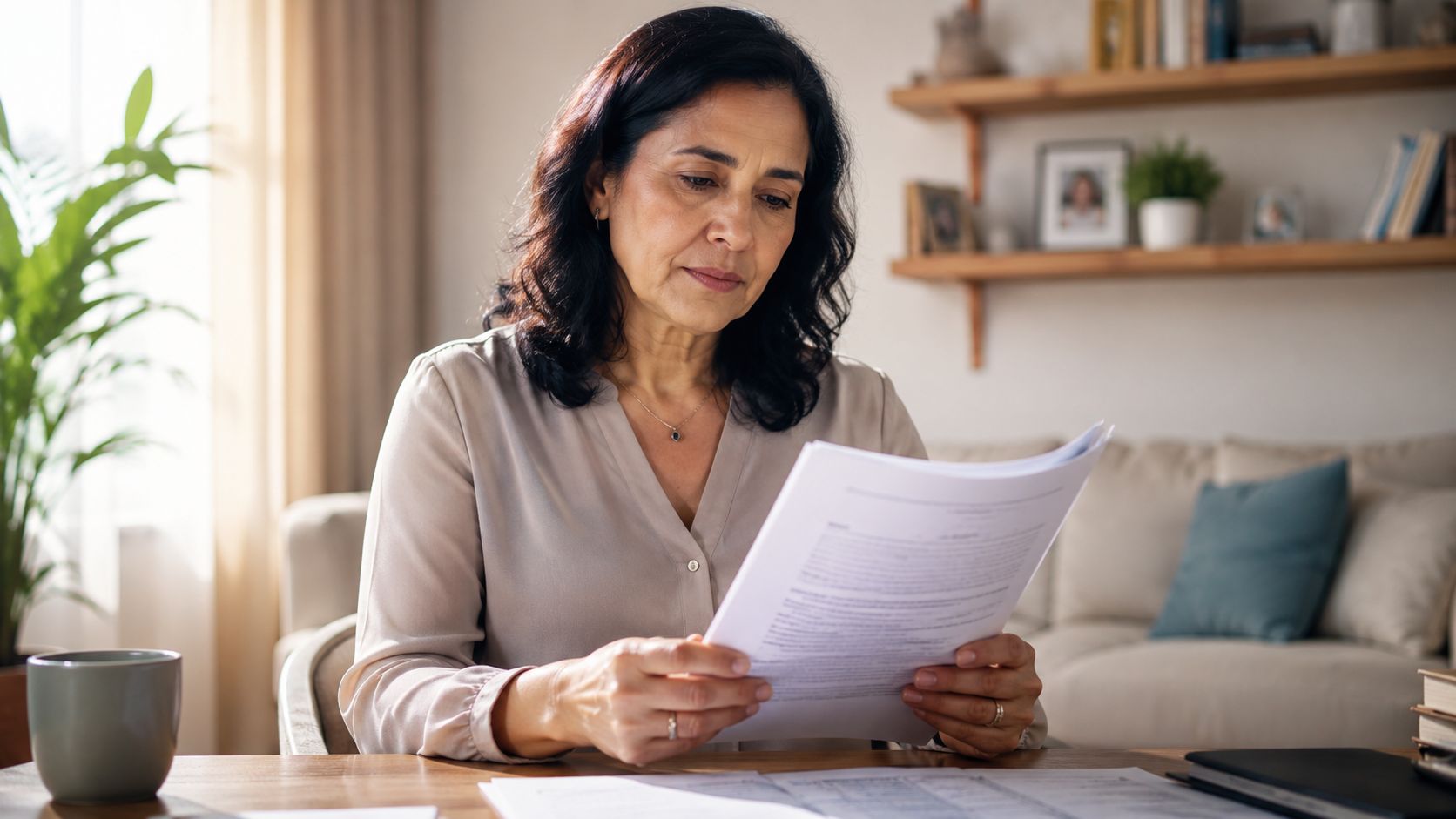 A mature woman sitting at a desk and reviewing legal documents in her home office.
