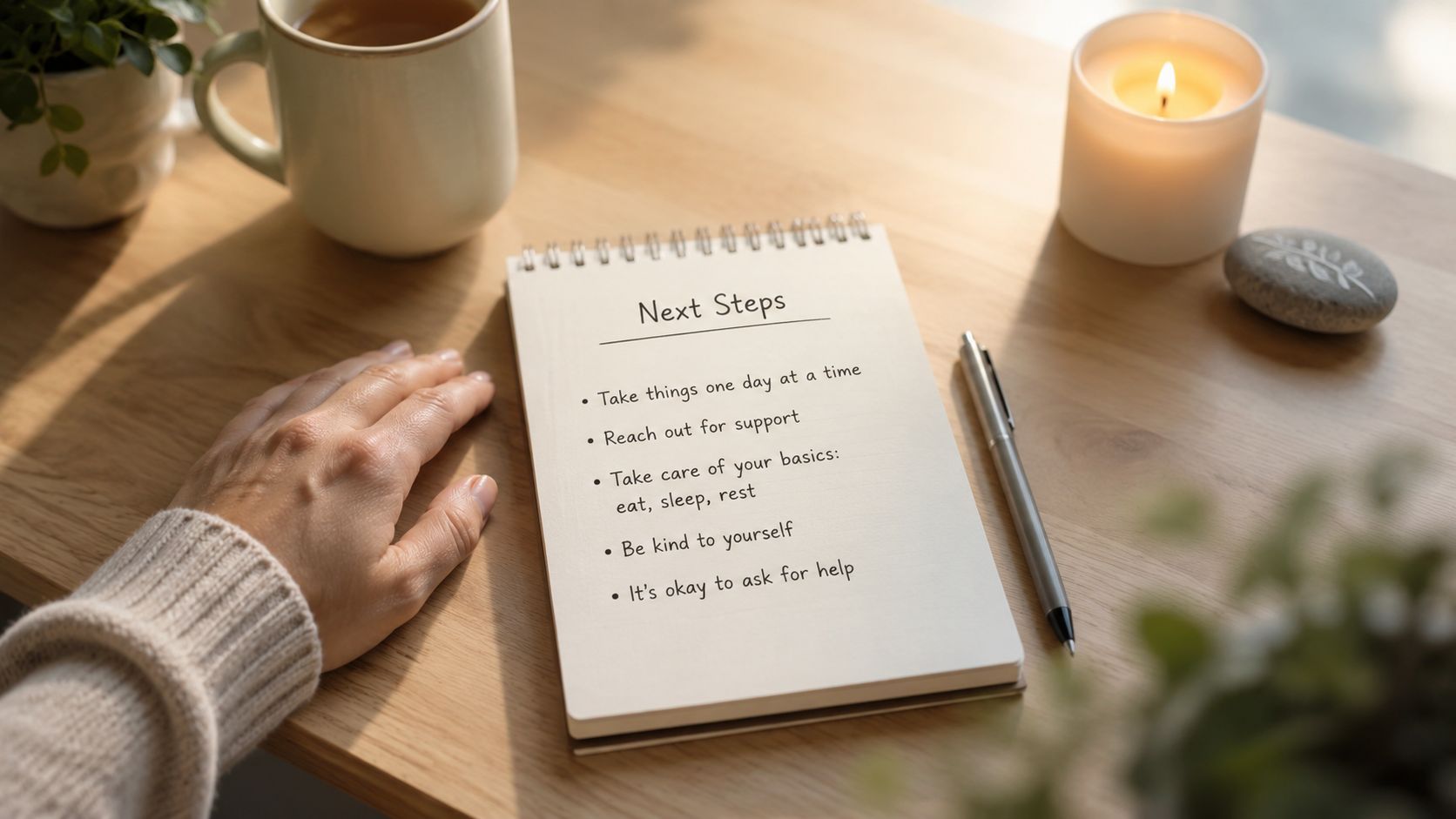 A hand rests near a notepad on a wooden desk listing comforting mental health self-care steps.