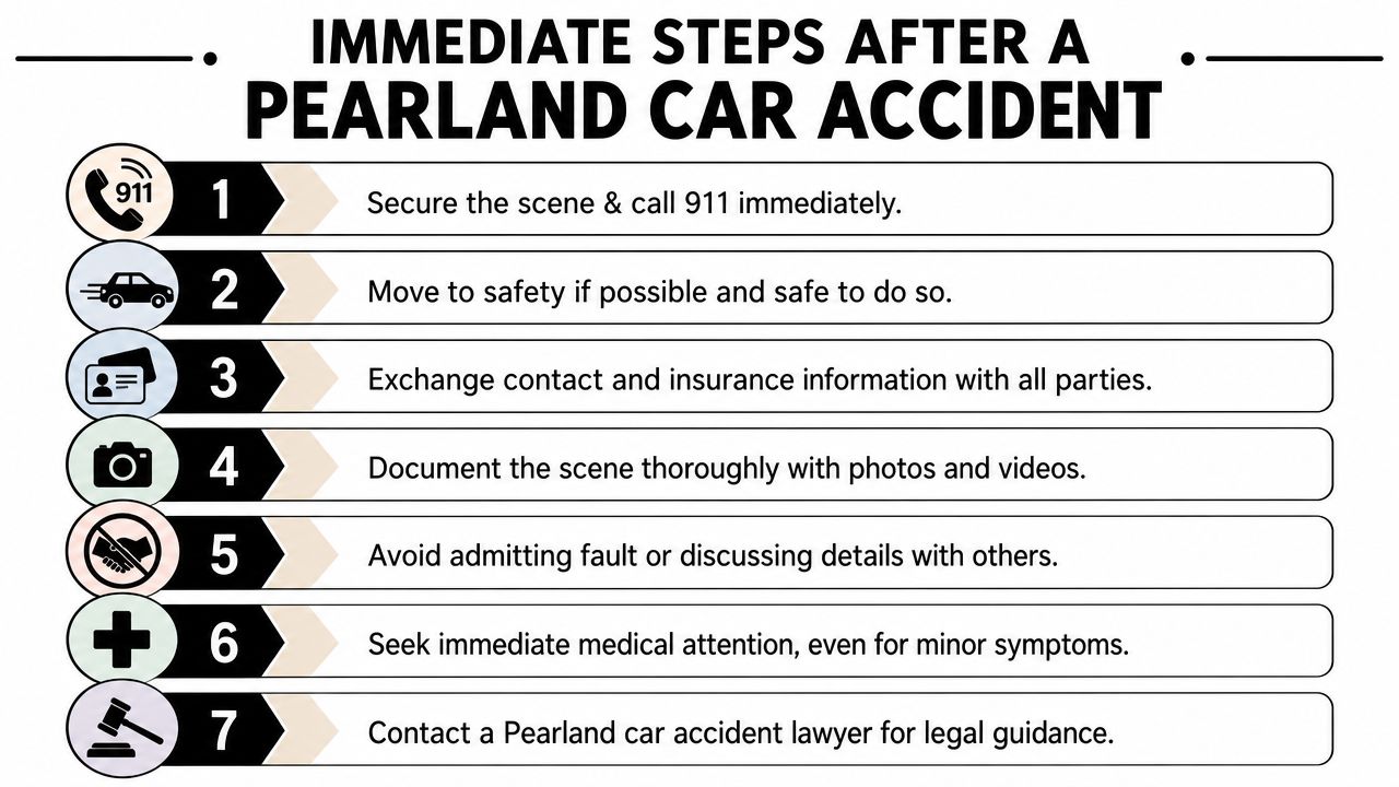 An infographic detailing seven essential steps to take immediately following a car accident in Pearland, Texas.