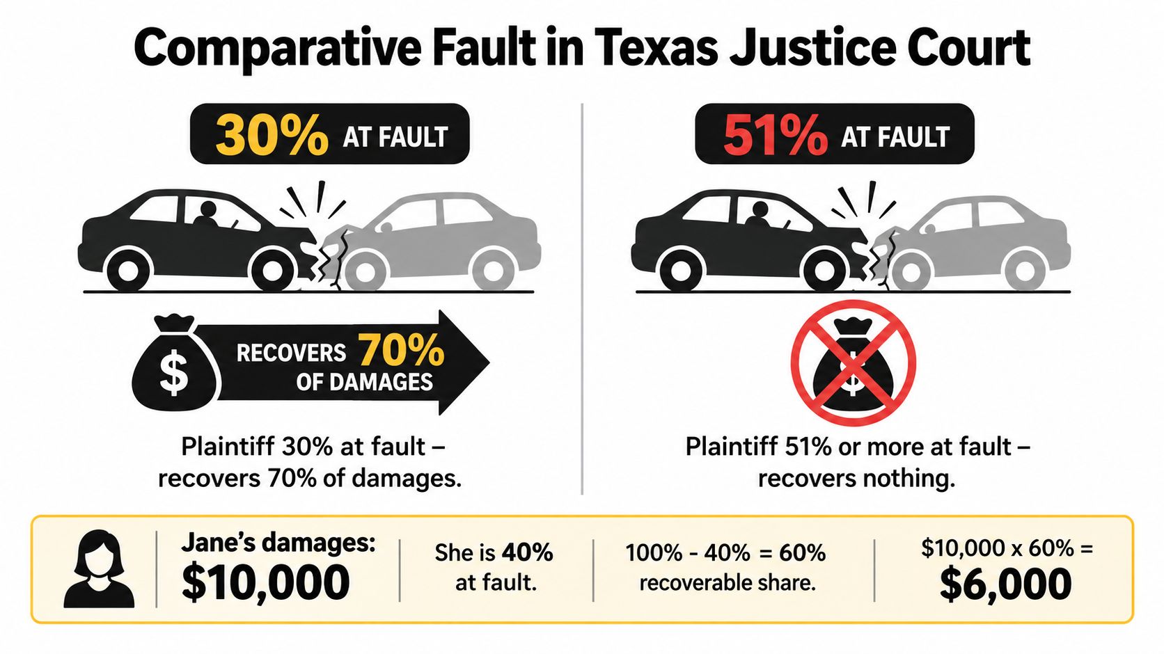 An infographic explaining Texas comparative fault rules in justice court, illustrating damage recovery based on fault percentages.