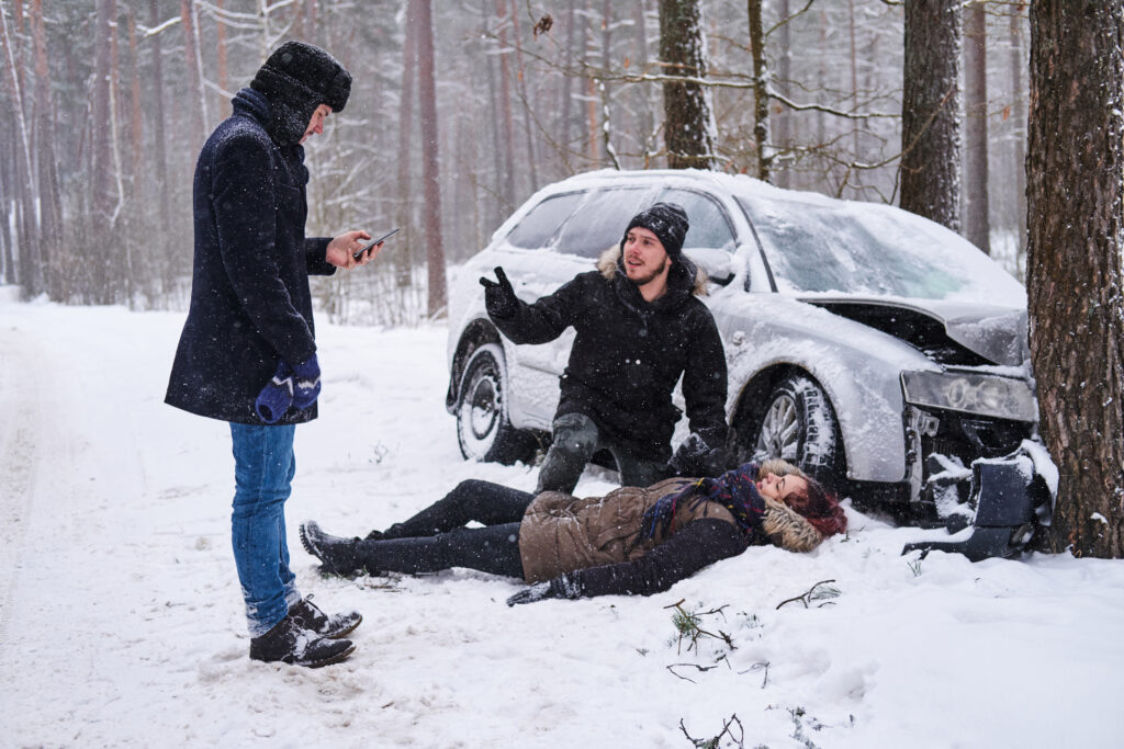 Car accident in winter vorest with one injured