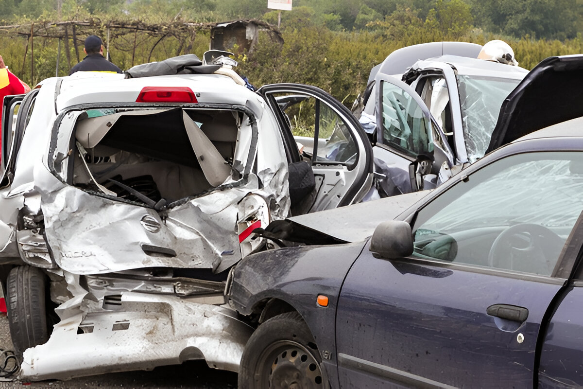Damaged vehicles from a multi-car accident, highlighting the aftermath of a collision, relevant to personal injury claims and legal representation.