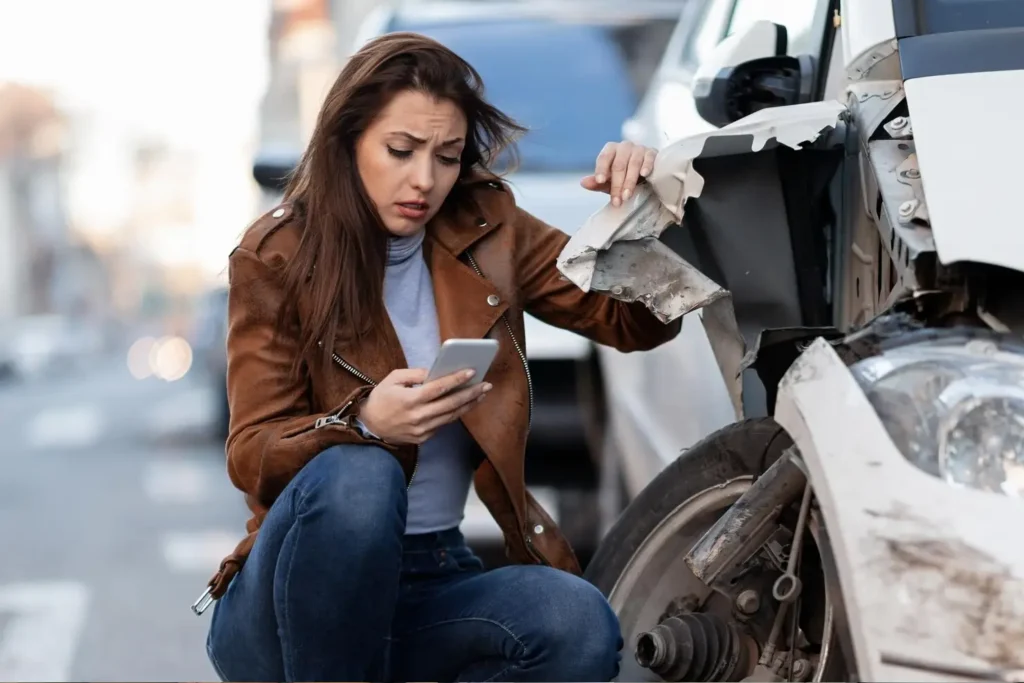 Woman looking concerned while holding a smartphone next to a damaged car after an auto accident in Far North Dallas.