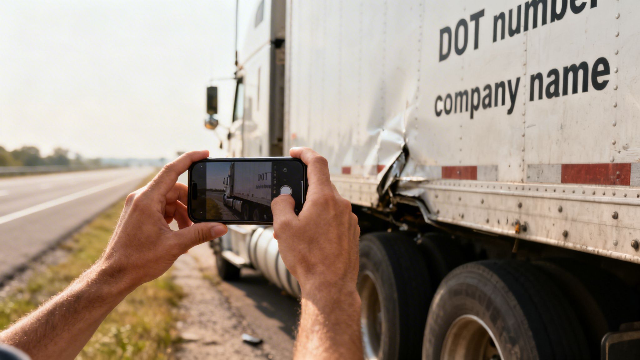 Hands holding a smartphone photographing a crashed semi-truck on the roadside.