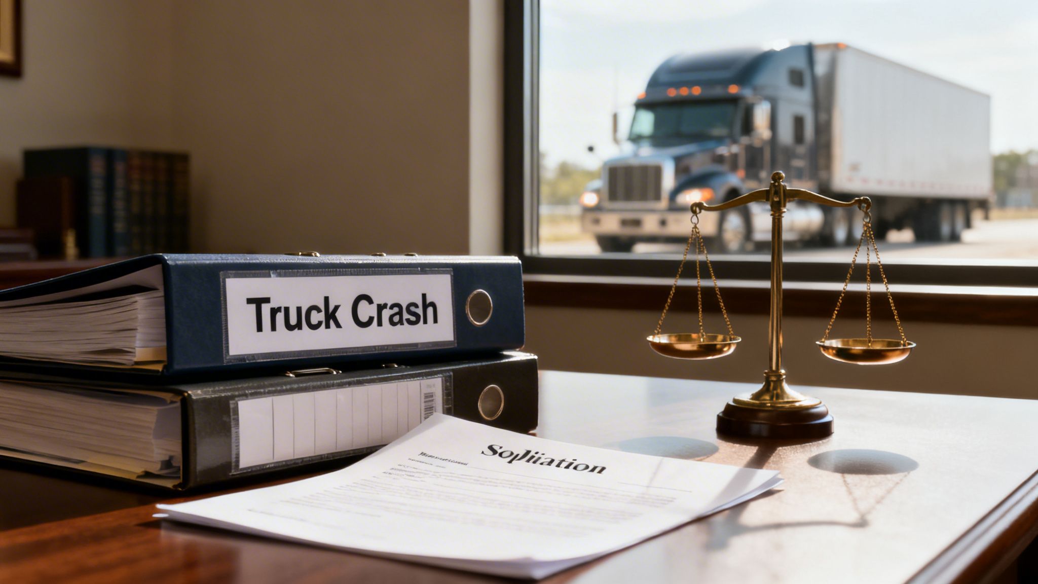 A lawyer's desk with a 'Truck Crash' binder, justice scales, and a semi-truck outside the window.