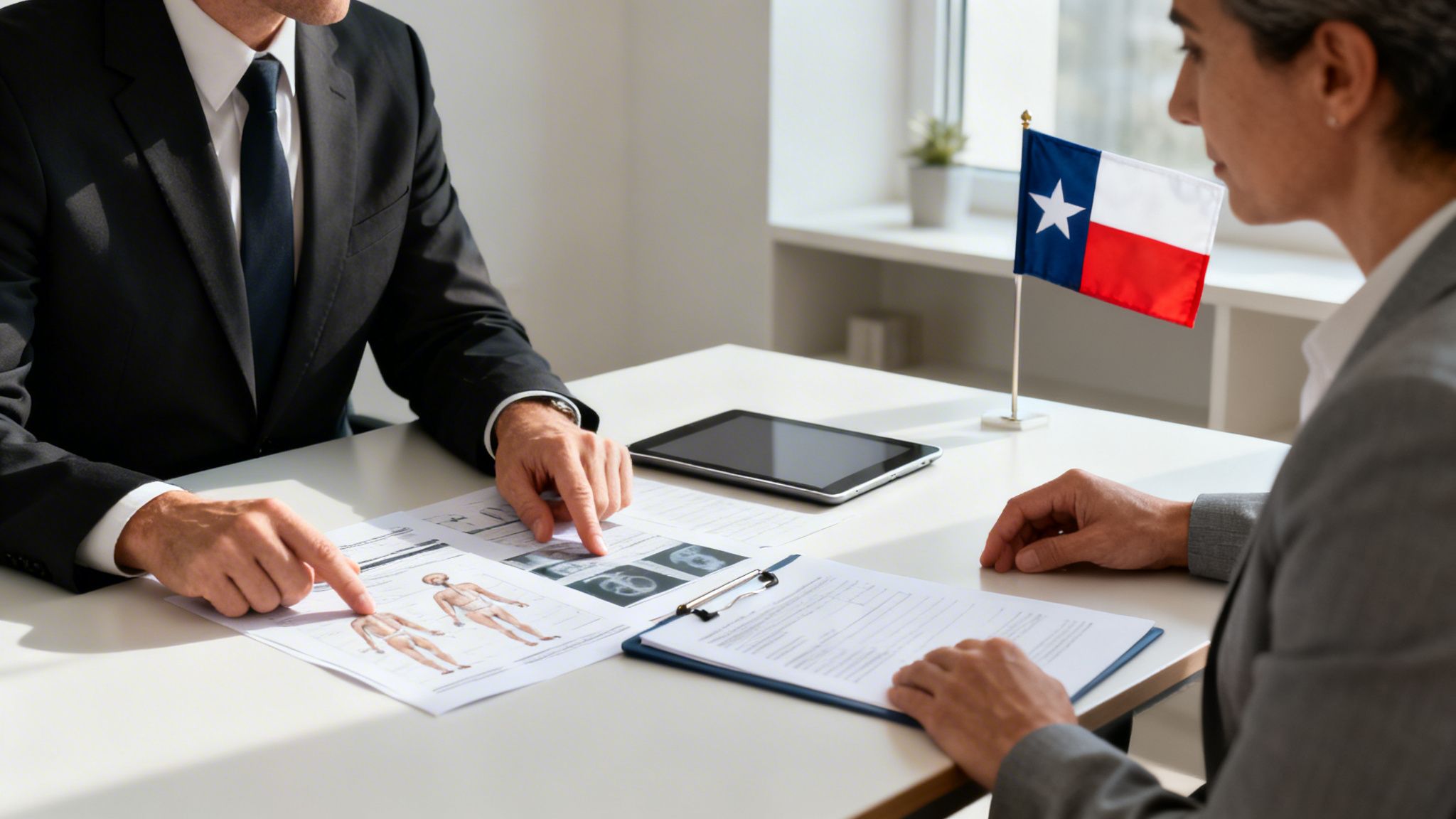 Two professionals discuss medical documents with a Texas flag on the table.
