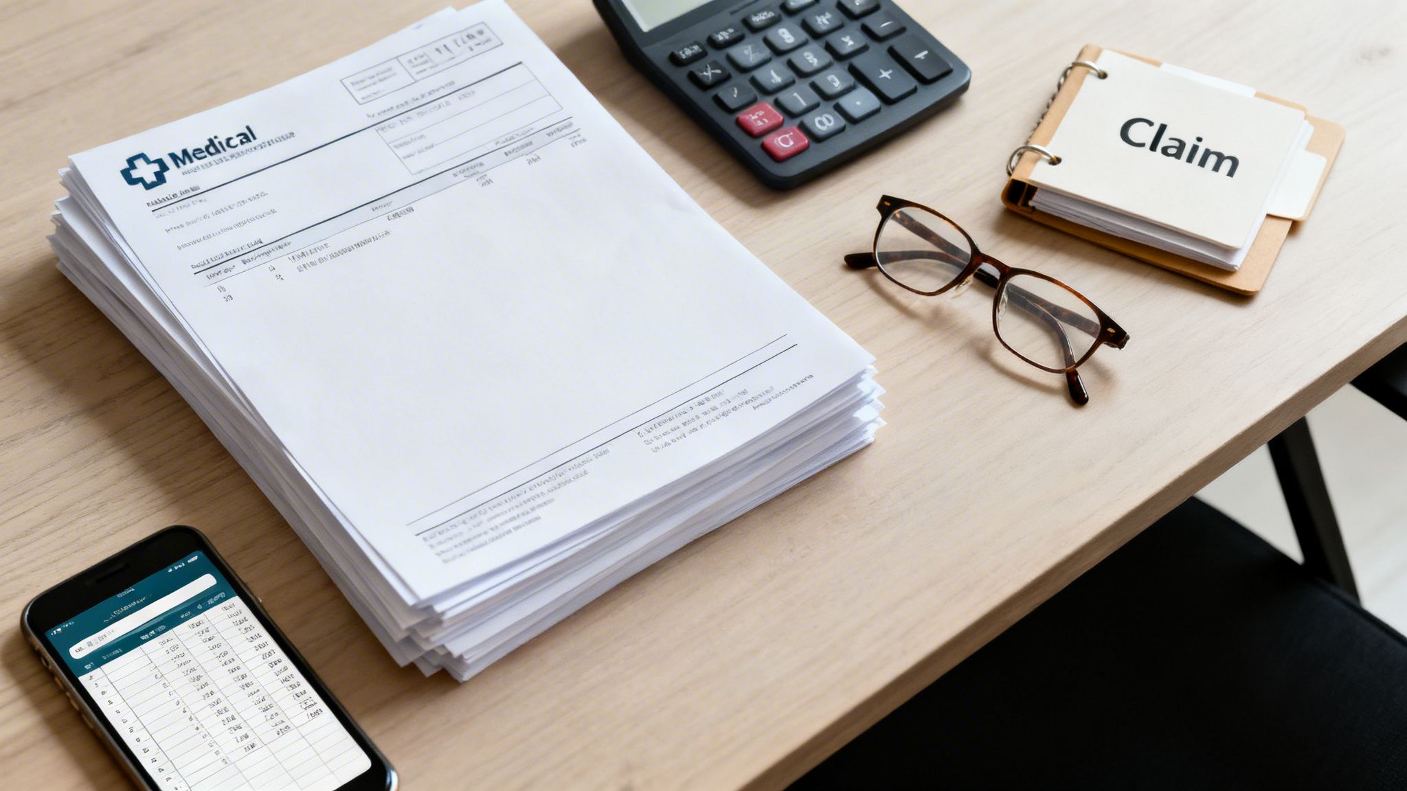 Stack of medical claim forms, a calculator, glasses, and a smartphone on a wooden desk.