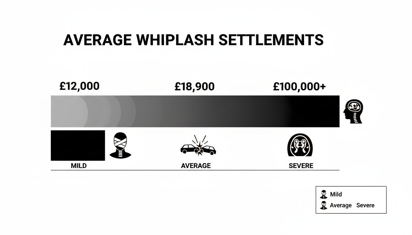 Infographic showing average whiplash injury settlements for mild, average, and severe cases.