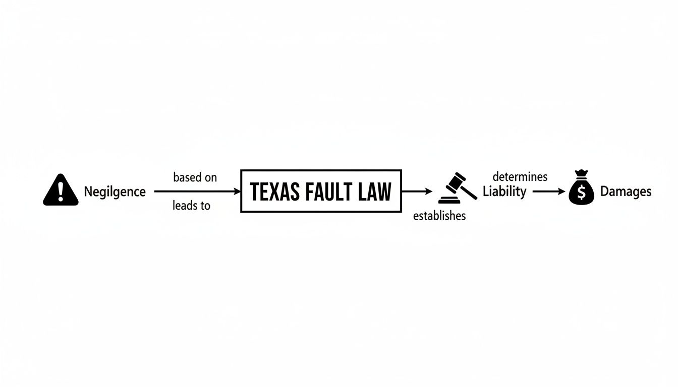 Diagram illustrating Texas Fault Law's process, showing negligence leading to liability and damages.
