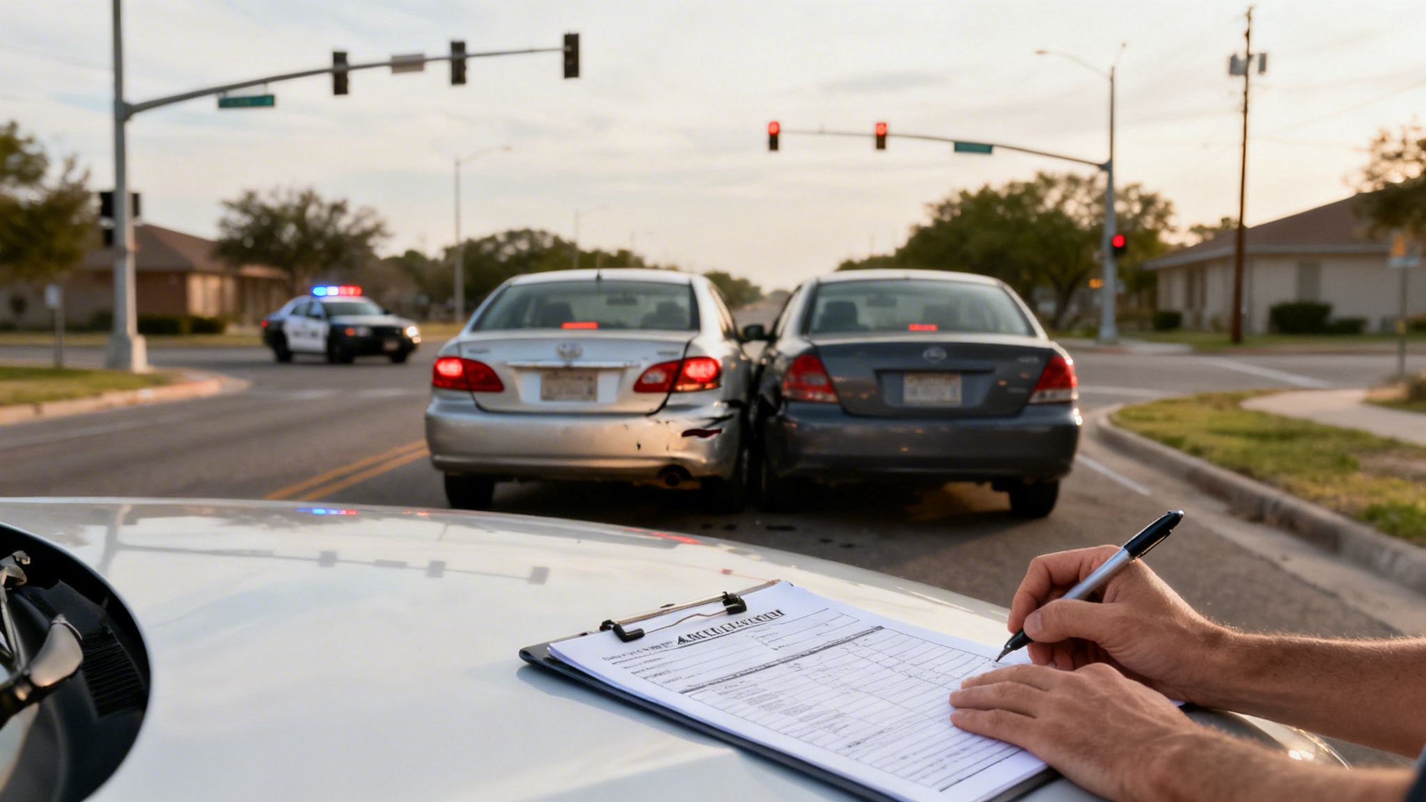 Officer filling out an accident report at the scene of a car crash with two damaged vehicles.