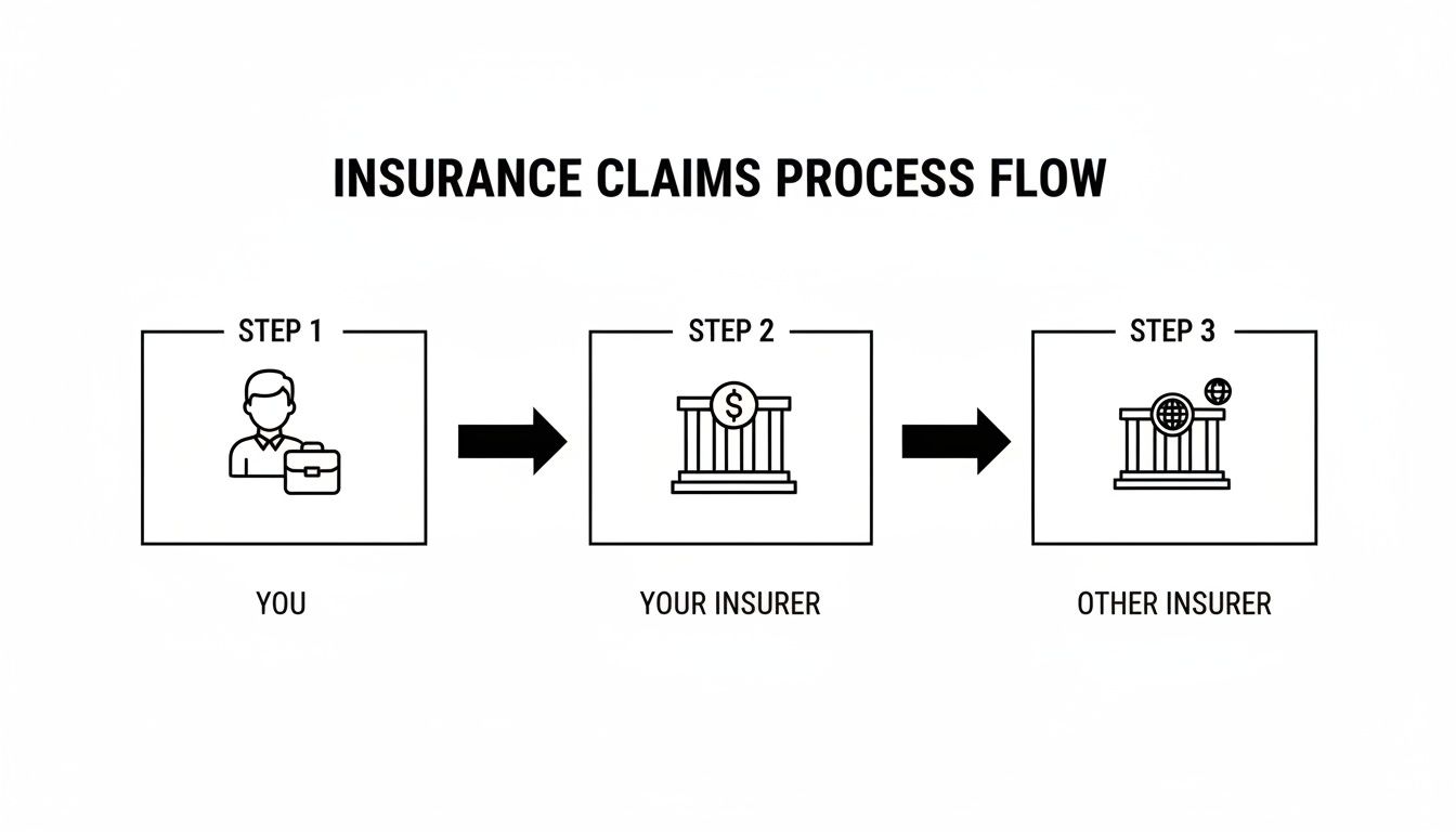 Flowchart illustrating the three-step insurance claims process involving the claimant, their insurer, and another insurer.