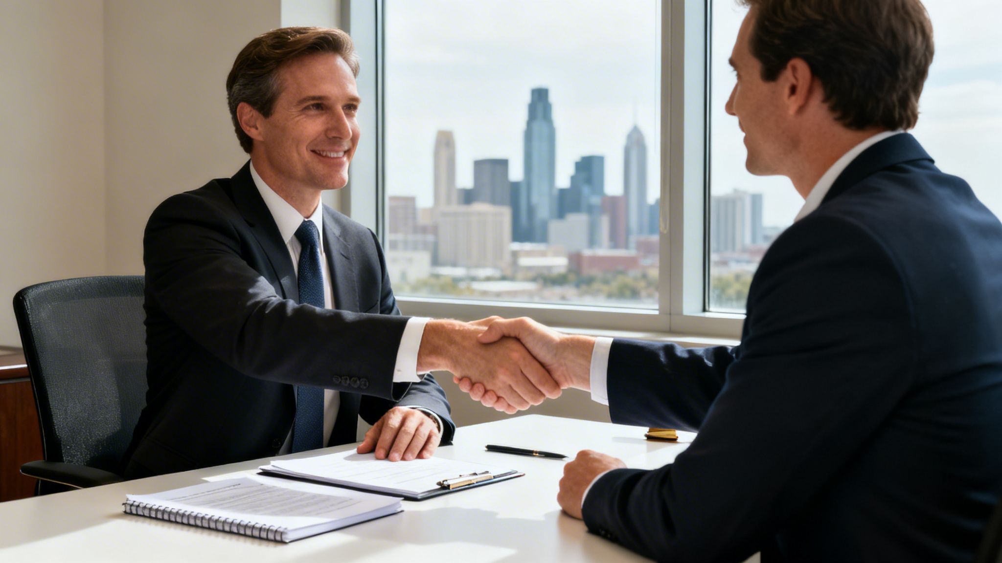 Two smiling businessmen in suits shake hands across a desk with a city skyline view.