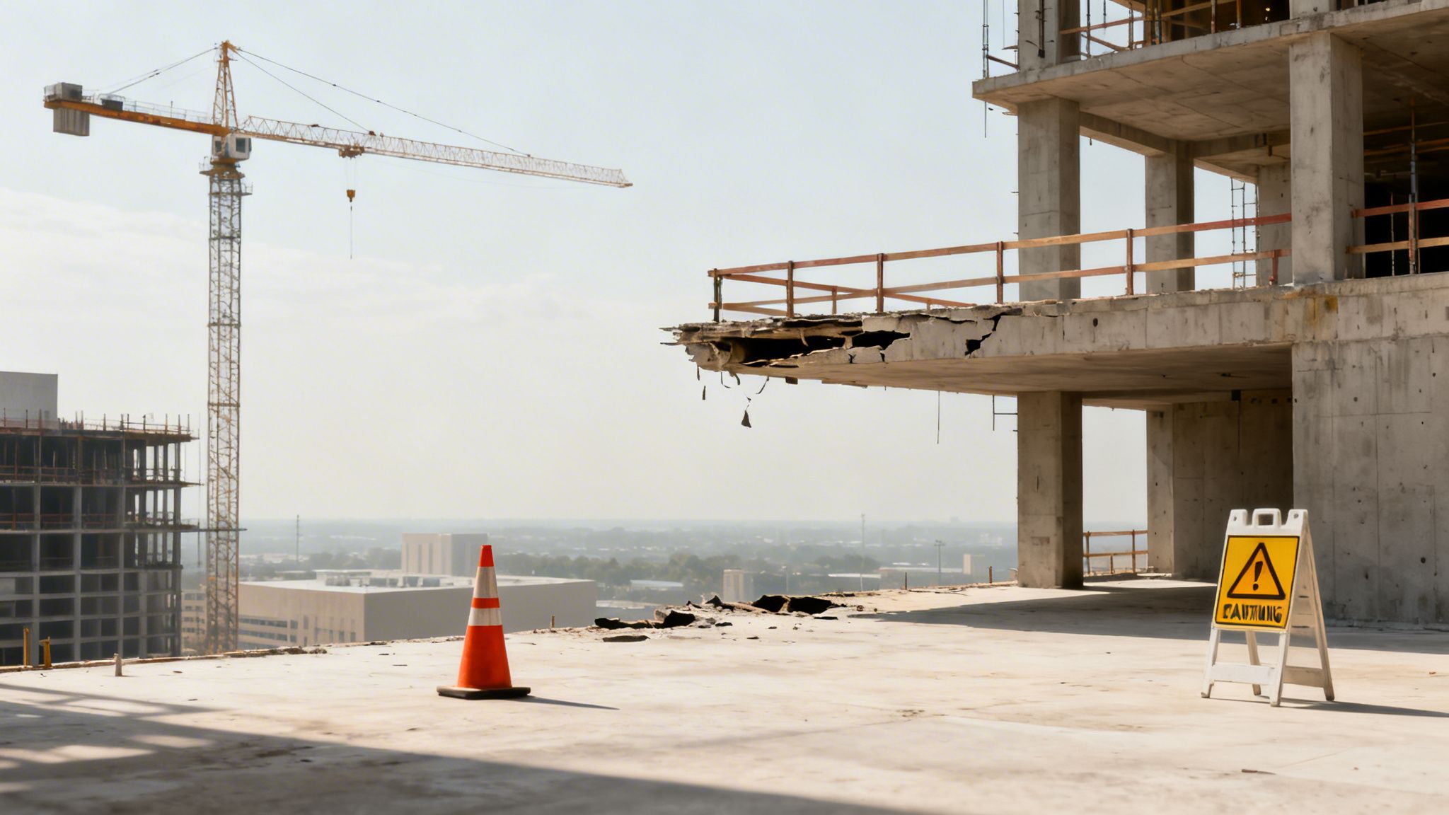 A construction site featuring a tall crane, unfinished concrete building with a damaged ledge, caution sign, and orange cone.