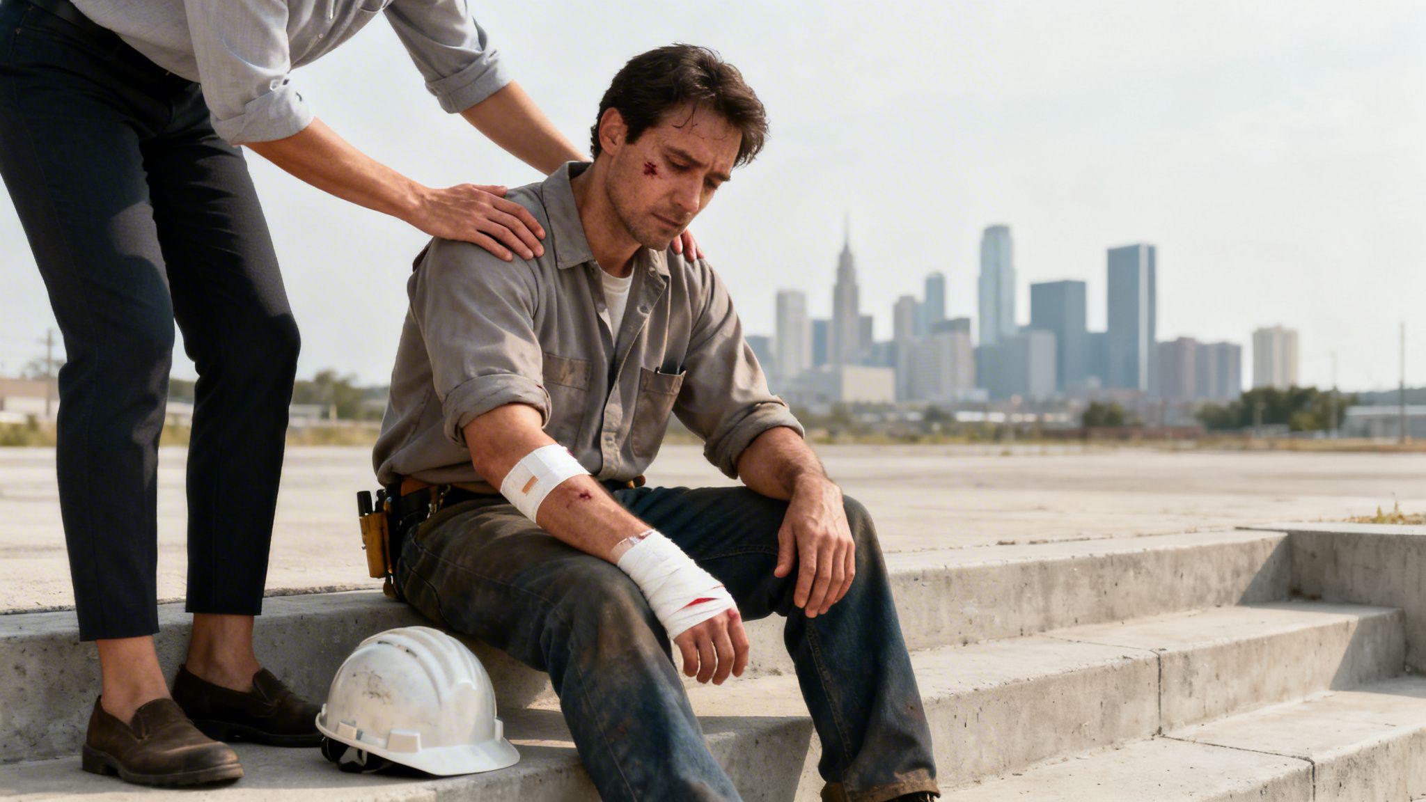 A man with injuries and bandages on his arm sits distressed, while another comforts him, with a city skyline in the background.