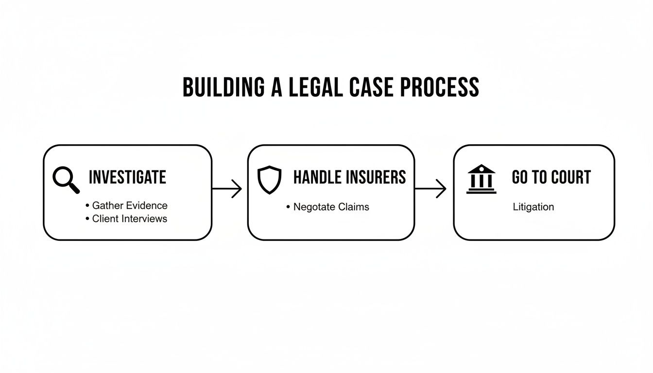Flowchart outlining the essential steps in building a legal case, from investigation to court.