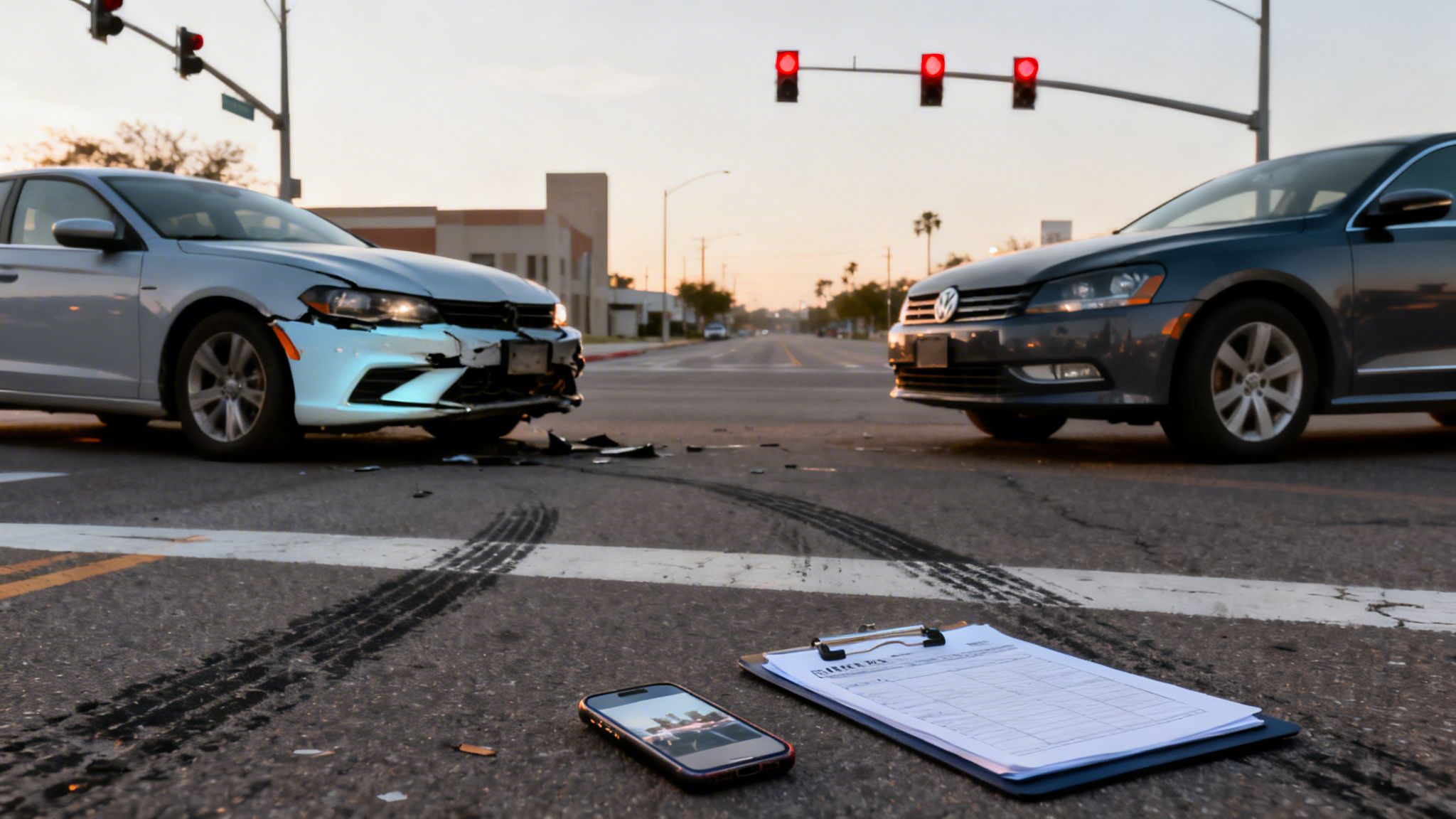 Two damaged cars at an intersection after a collision, with skid marks and documents on the ground.