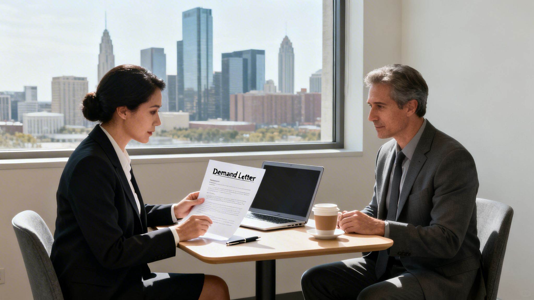 Two professionals in suits discuss a demand letter in an office with a city view.