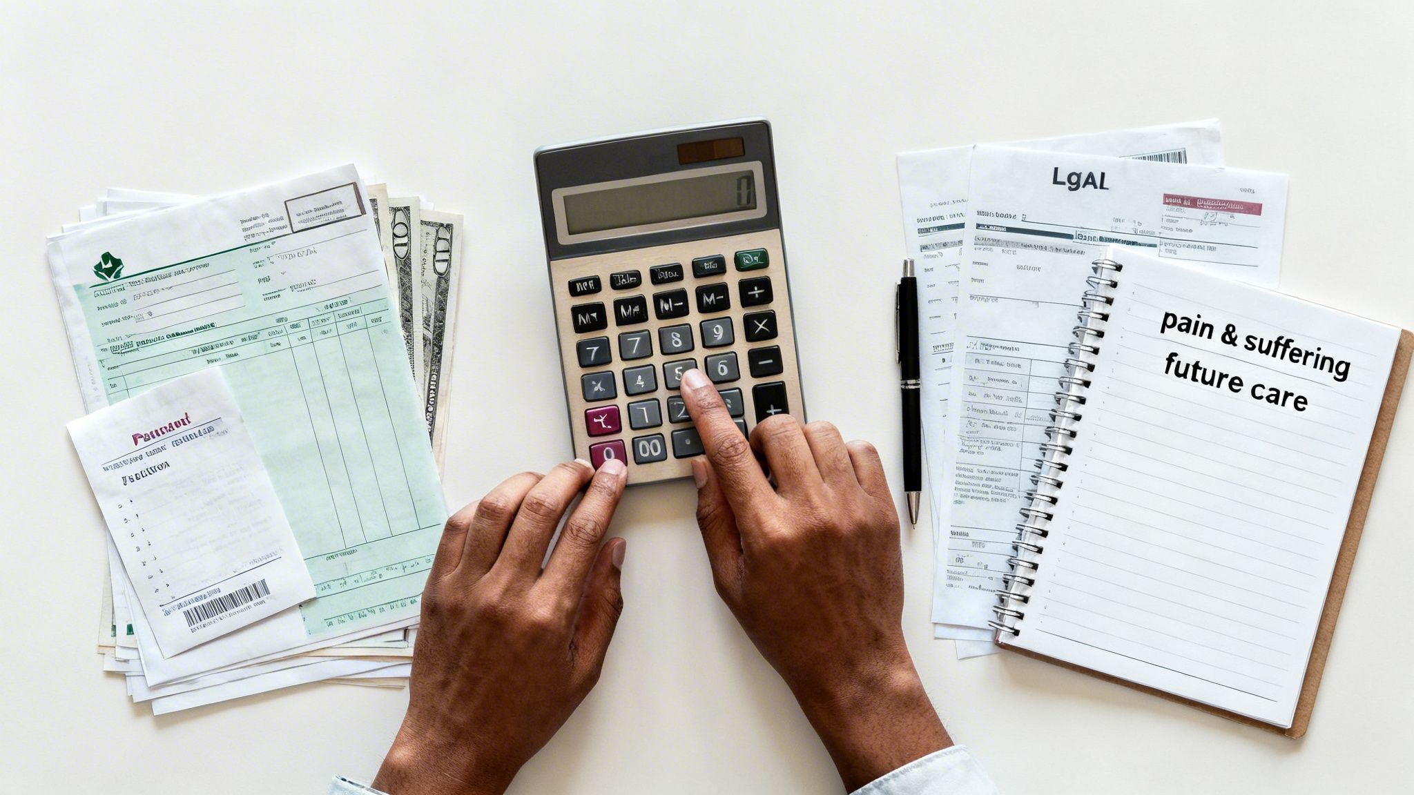 Hands calculating financial expenses surrounded by bills, cash, and notes on pain and future care.