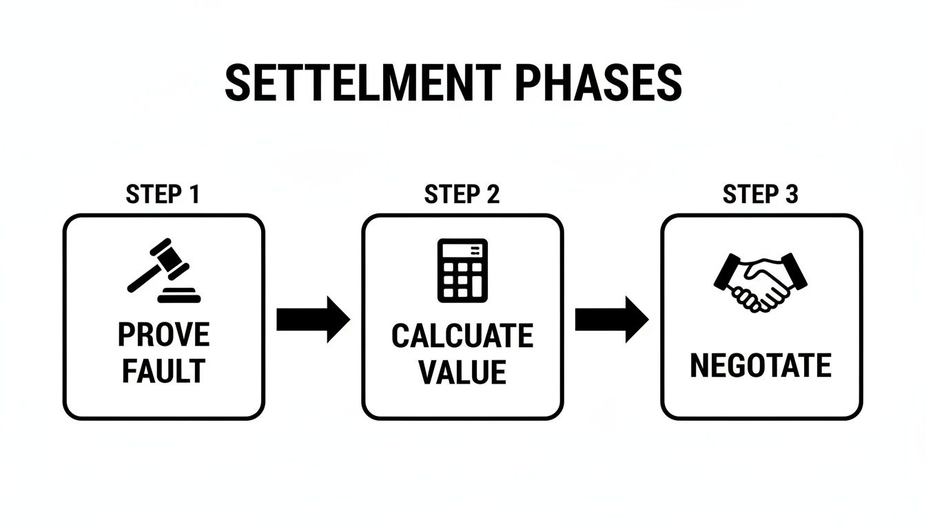 Infographic illustrating the three settlement phases: proving fault, calculating value, and negotiating.