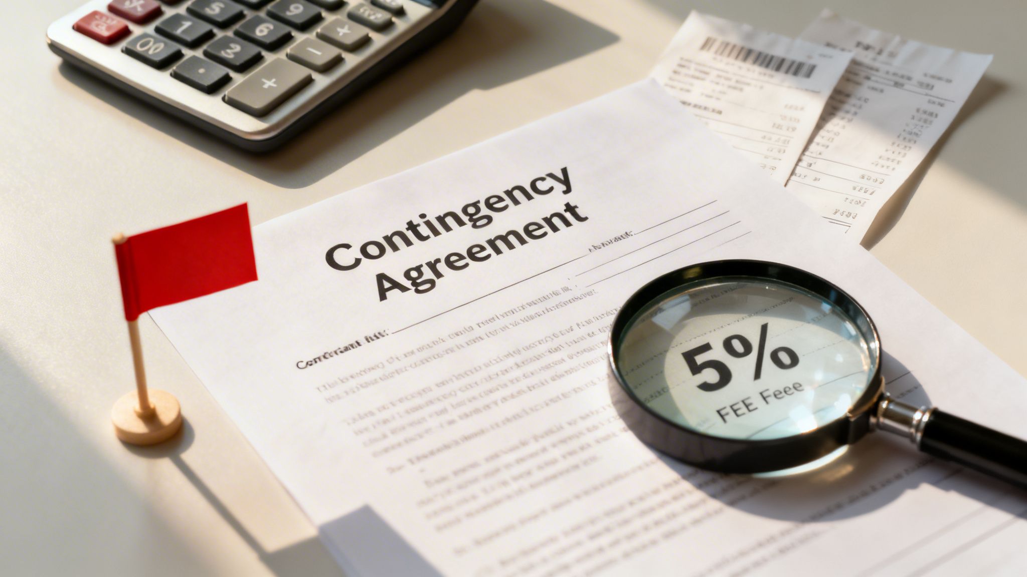 Contingency agreement document with a magnifying glass showing '5% FEE', a red flag, calculator, and receipts.