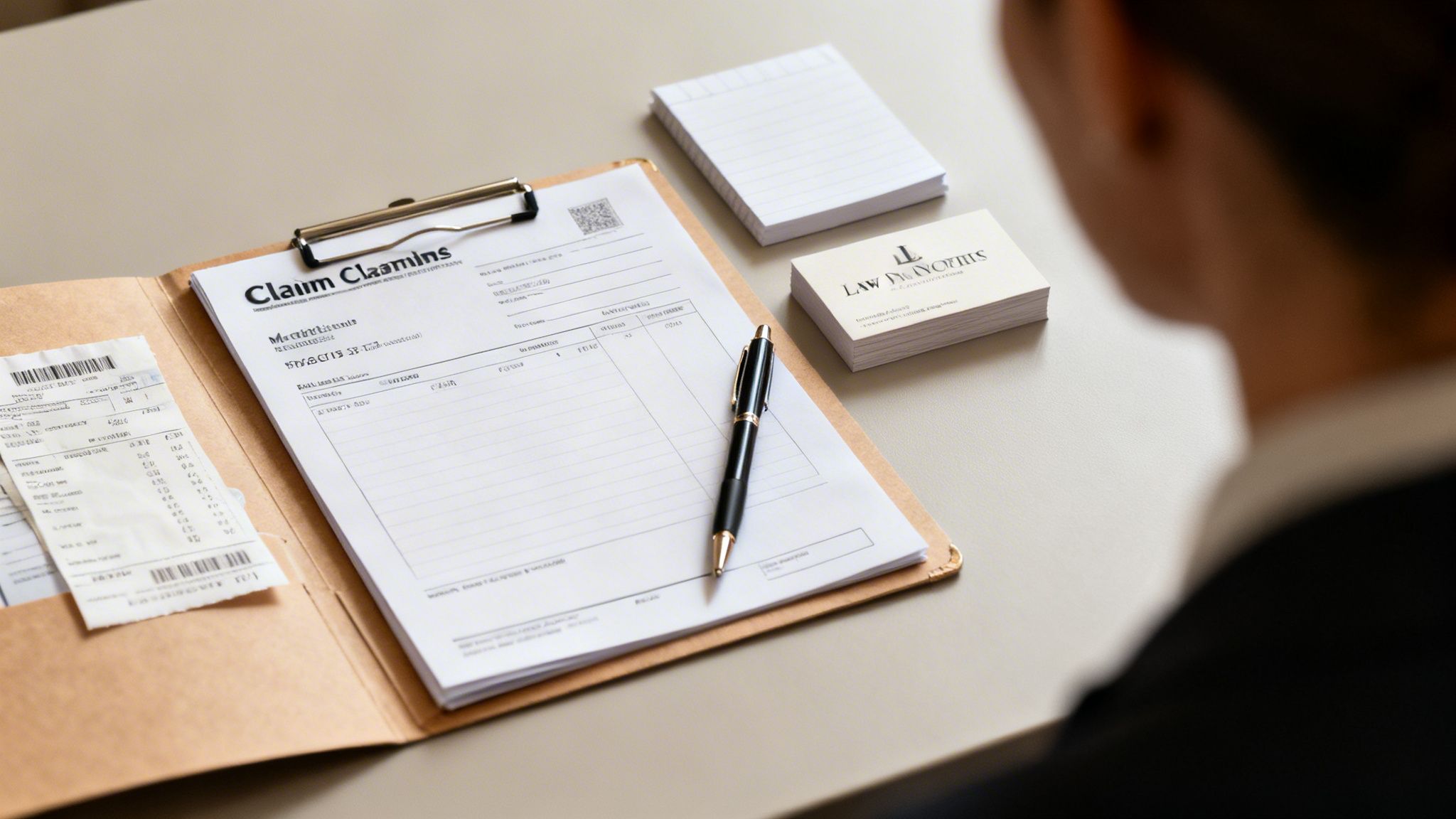 A legal professional reviewing documents with a concerned client in a modern office setting.
