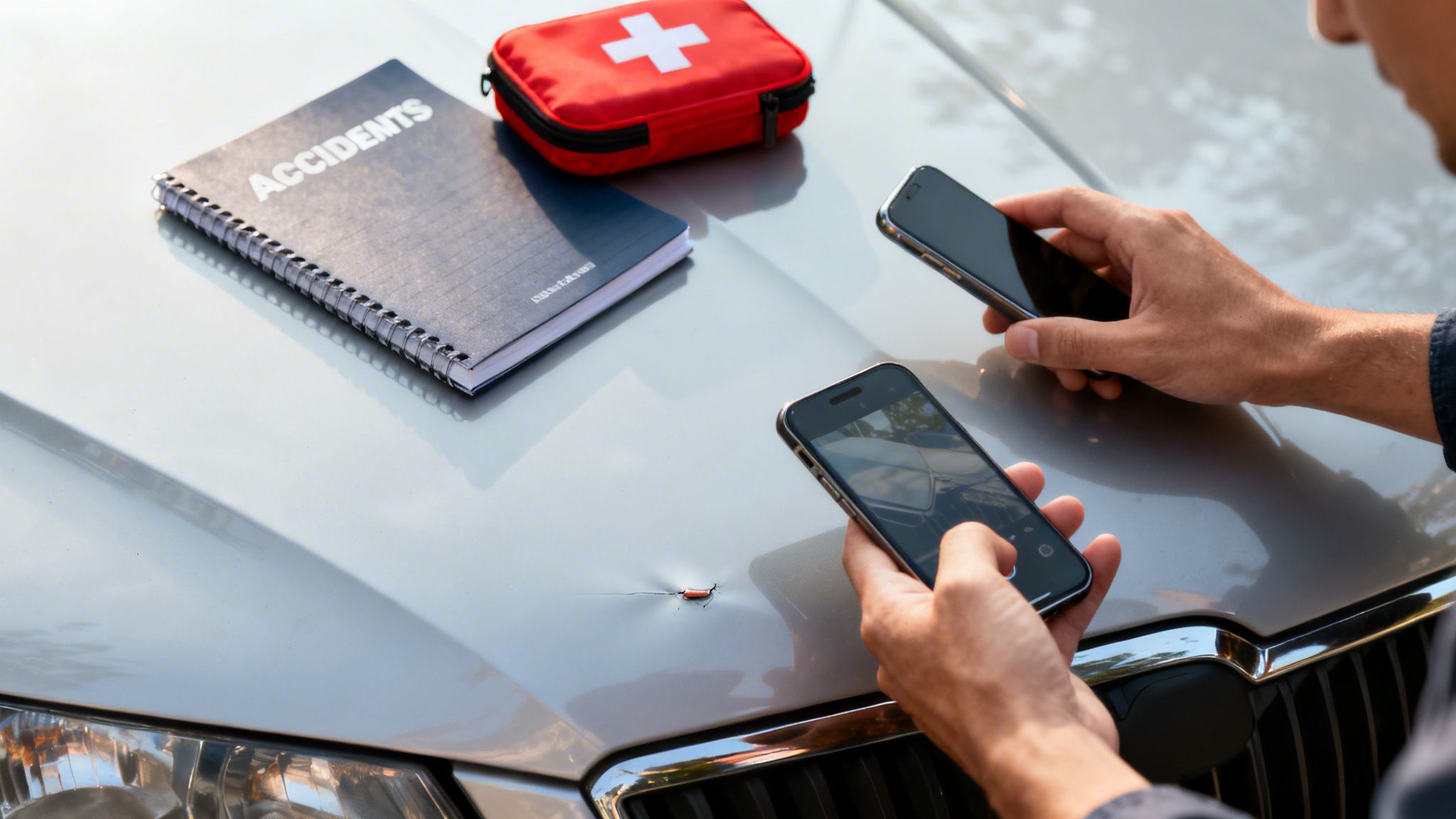 A car being loaded onto a tow truck at an accident scene with police lights flashing.