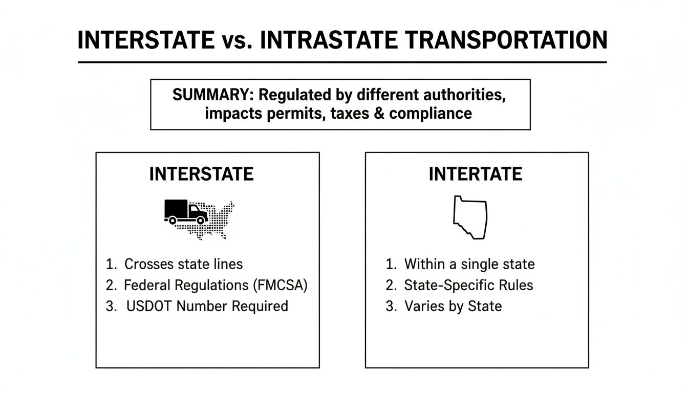 Chart contrasting interstate and intrastate transportation, detailing regulations, permits, taxes, and compliance requirements.
