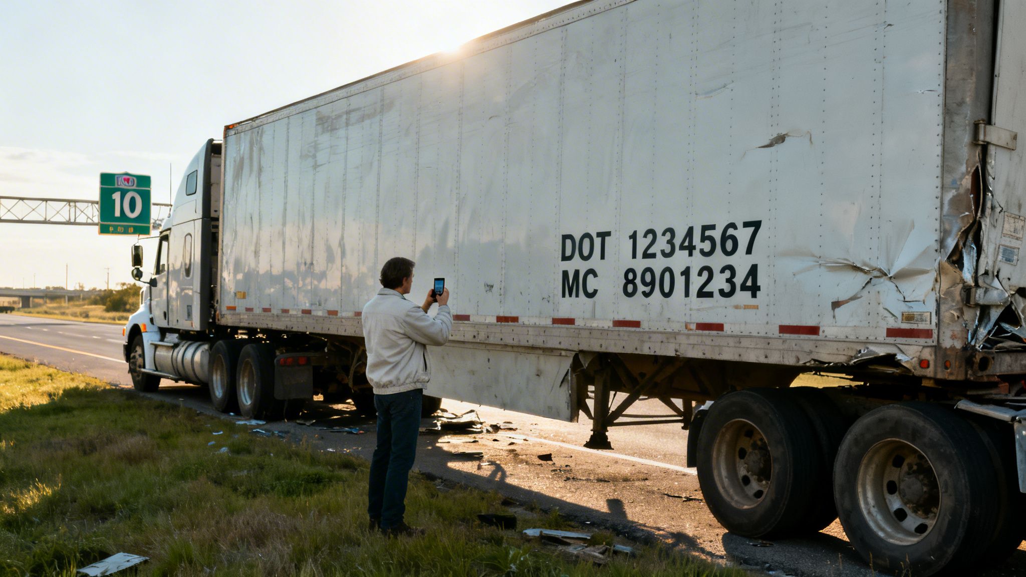 Man photographing a damaged semi-trailer on a highway shoulder, documenting an accident scene.