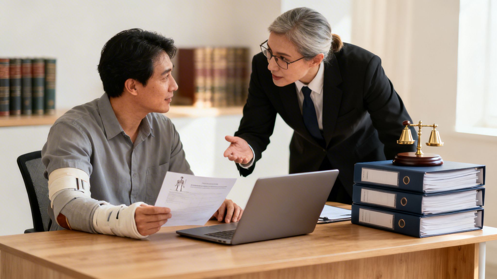 An injured man with an arm cast consults a female attorney at a desk with legal documents.