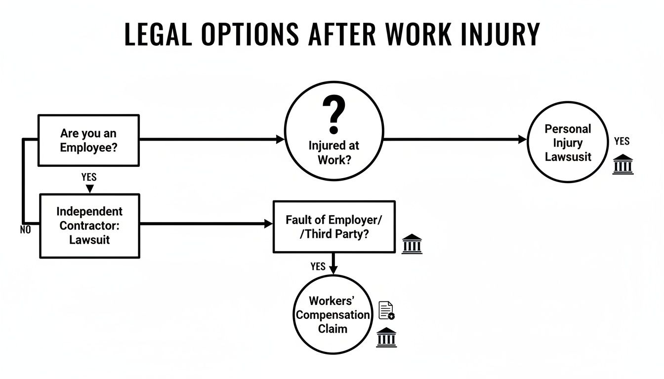 Flowchart illustrating legal options after a work injury, covering employee status, injury location, and fault.