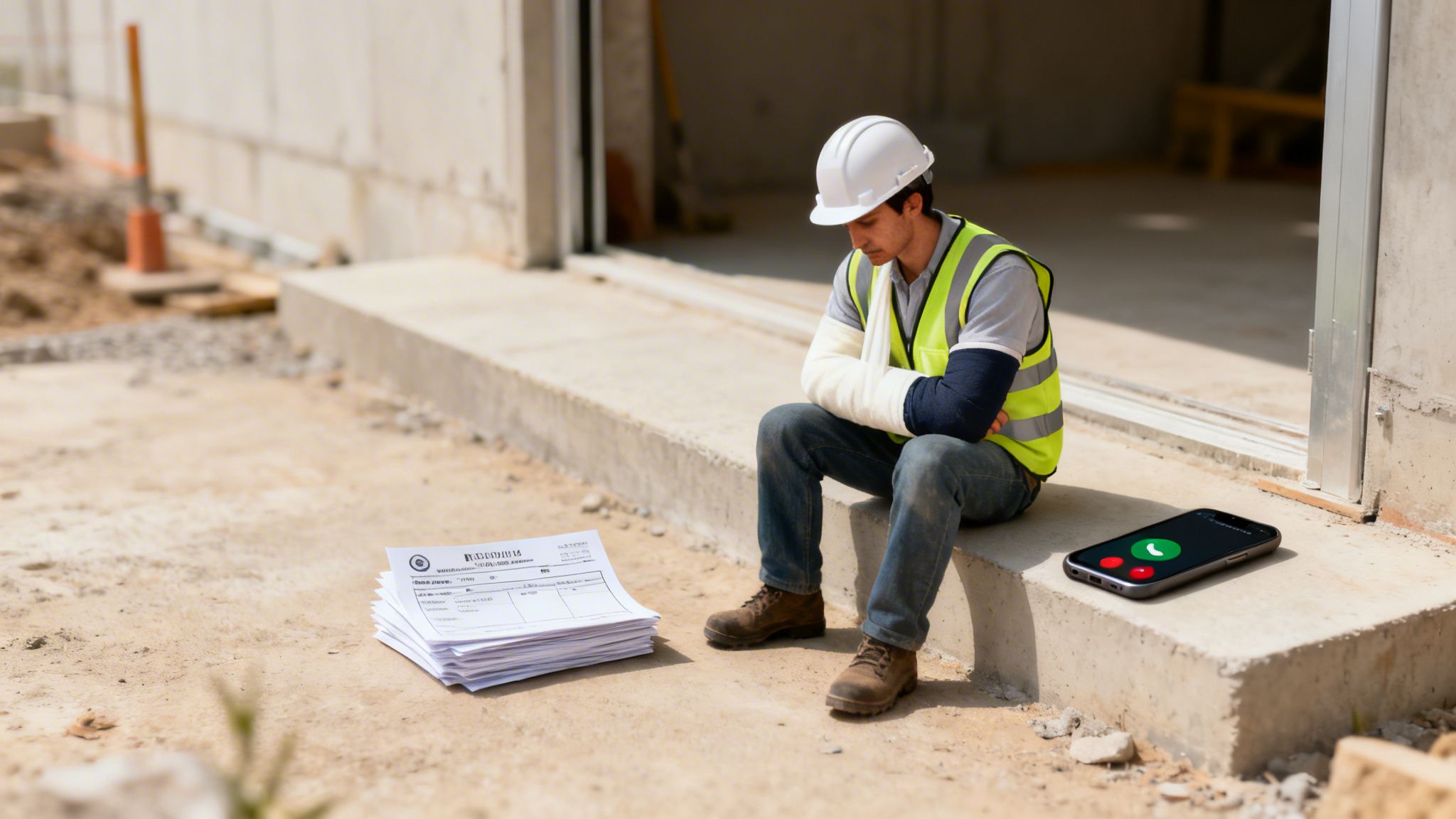 Injured construction worker in a hard hat and safety vest with arm cast, sitting near documents and a ringing phone.