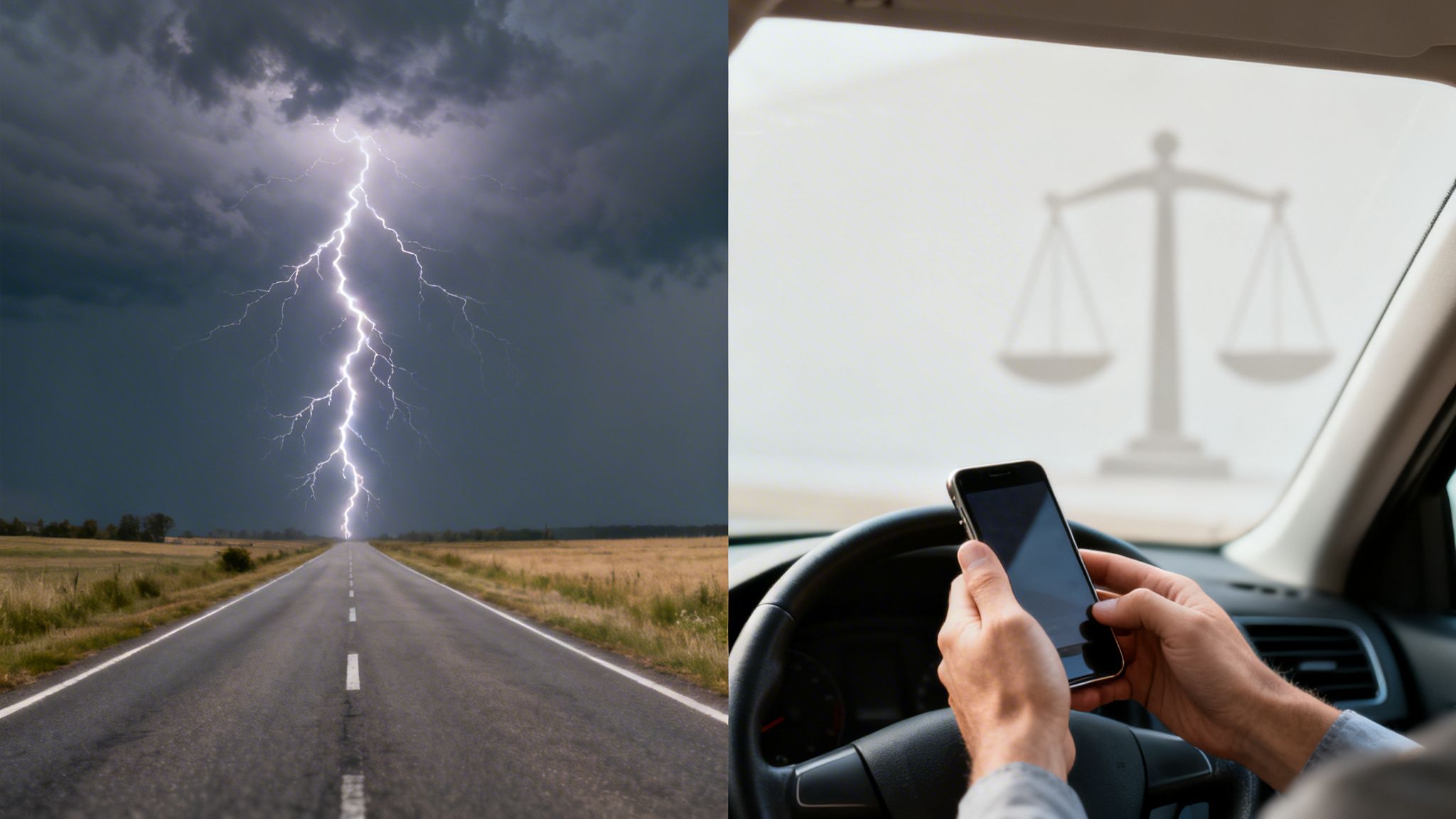 Stormy road with lightning and hands texting on a phone in a car, with legal scales visible.