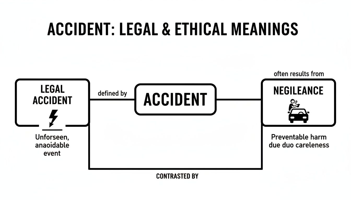 Diagram illustrating the legal and ethical meanings of an accident, distinguishing it from negligence.