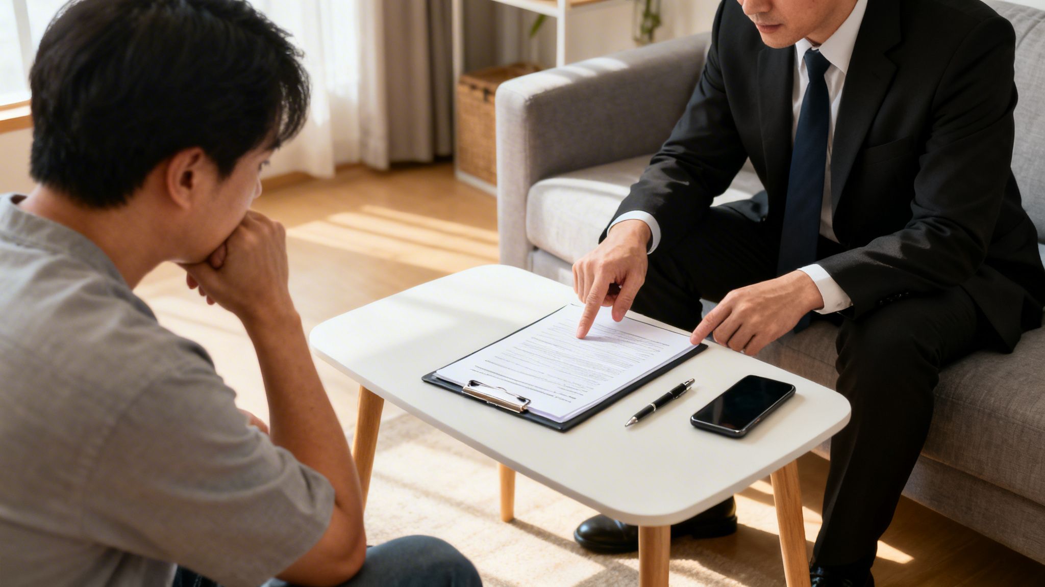 A man in a suit points at a legal document on a table to a client, discussing terms.