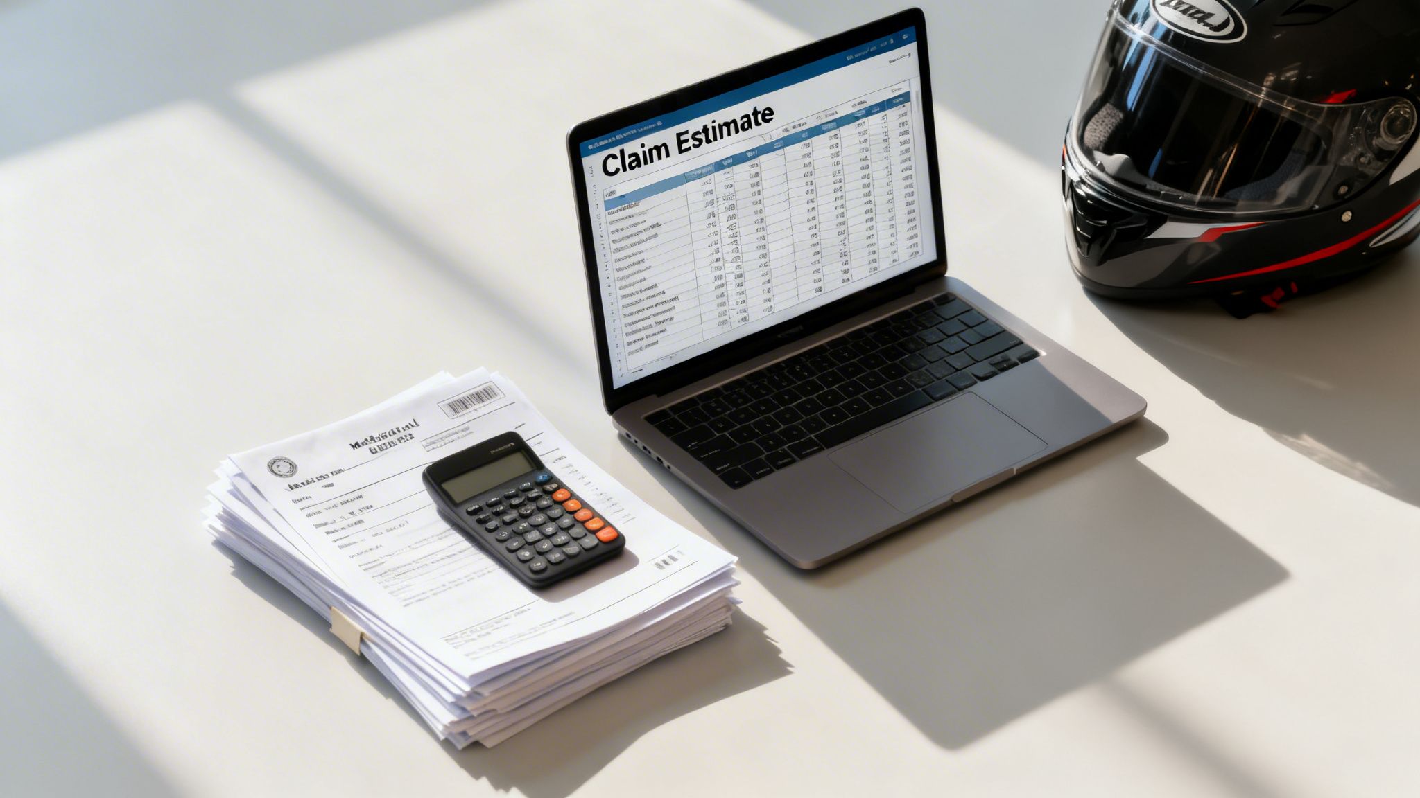 A desk setup with a laptop showing a claim estimate, documents, a calculator, and a motorcycle helmet.